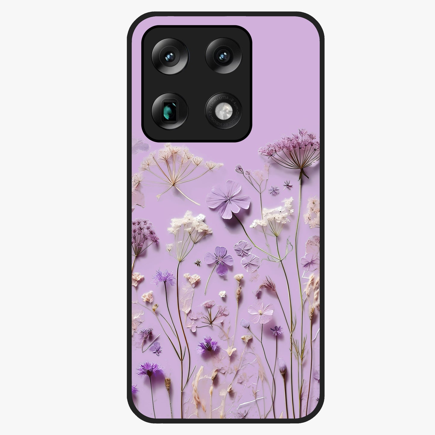 Lavender Blossom Dream Glass Case showing flat back view with soft lavender floral artwork and glossy glass finish.