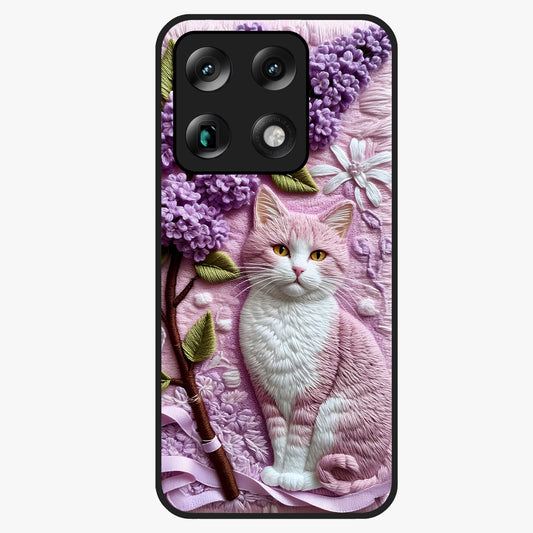 Lavender Cat Whimsy Glass Case showing flat back view with cute lavender cat artwork and glossy glass finish.