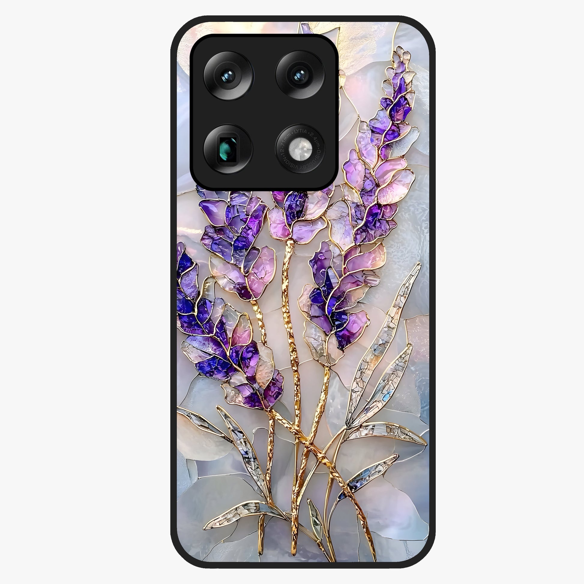 Lavender Dream Glow Glass Case showing flat back view with glowing lavender aesthetic artwork and glossy glass finish.