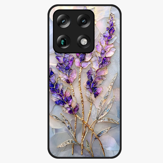 Lavender Dream Glow Glass Case showing flat back view with glowing lavender aesthetic artwork and glossy glass finish.