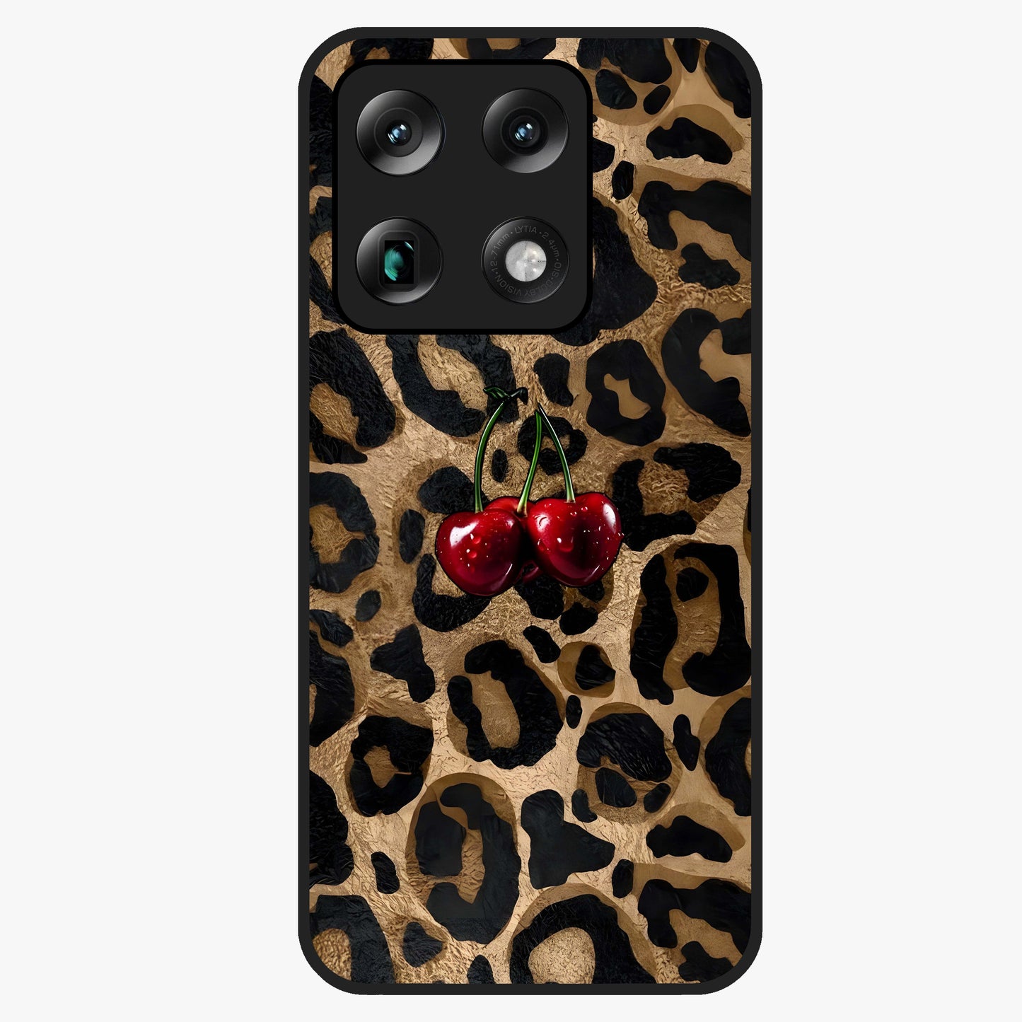 Leopard Wild Cherry Glass Case showing flat back view with leopard pattern and cherry artwork and glossy glass finish.