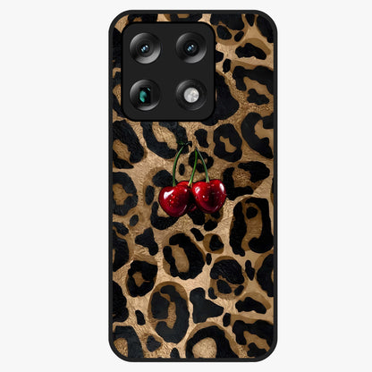 Leopard Wild Cherry Glass Case showing flat back view with leopard pattern and cherry artwork and glossy glass finish.