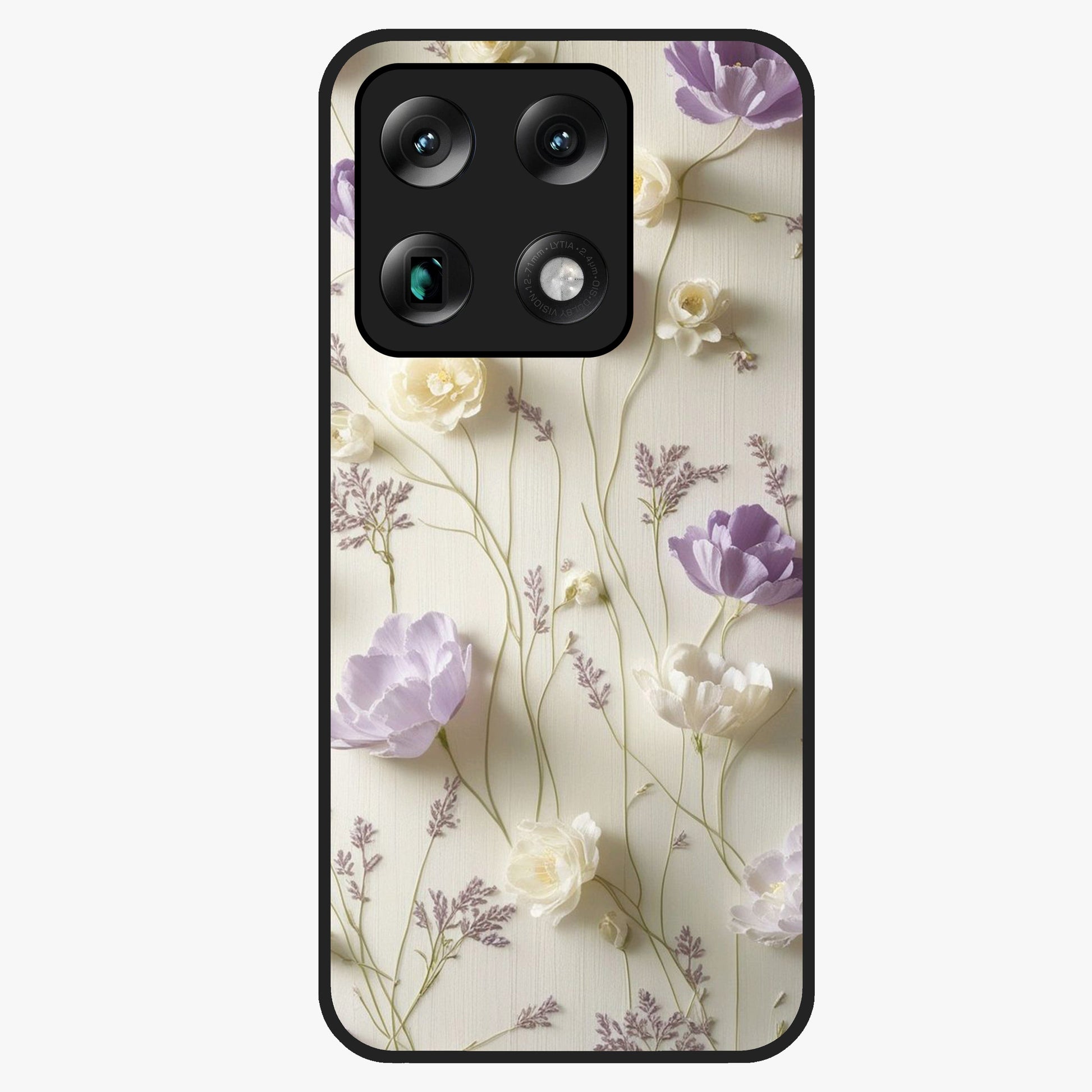 Lilac Breeze Harmony Glass Case showing flat back view with soft lilac themed artwork and glossy glass finish.