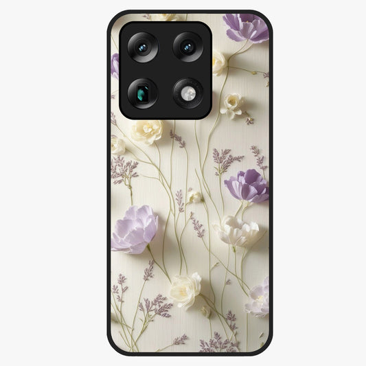 Lilac Breeze Harmony Glass Case showing flat back view with soft lilac themed artwork and glossy glass finish.