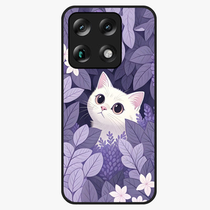 Lilac Hide Peek Cat Glass Case showing flat back view with cute peeking cat artwork and glossy glass finish.