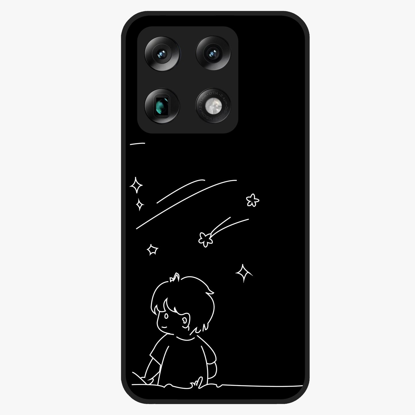 Line Art Boy With Shooting Stars Glass Case showing flat back view with minimal line art boy and shooting stars illustration and glossy glass finish.