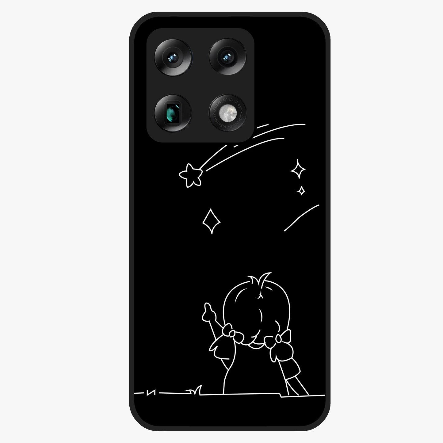 Line Art Girl With Shooting Stars Glass Case showing flat back view with minimal line art girl and shooting stars illustration and glossy glass finish.