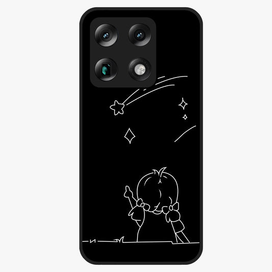 Line Art Girl With Shooting Stars Glass Case showing flat back view with minimal line art girl and shooting stars illustration and glossy glass finish.