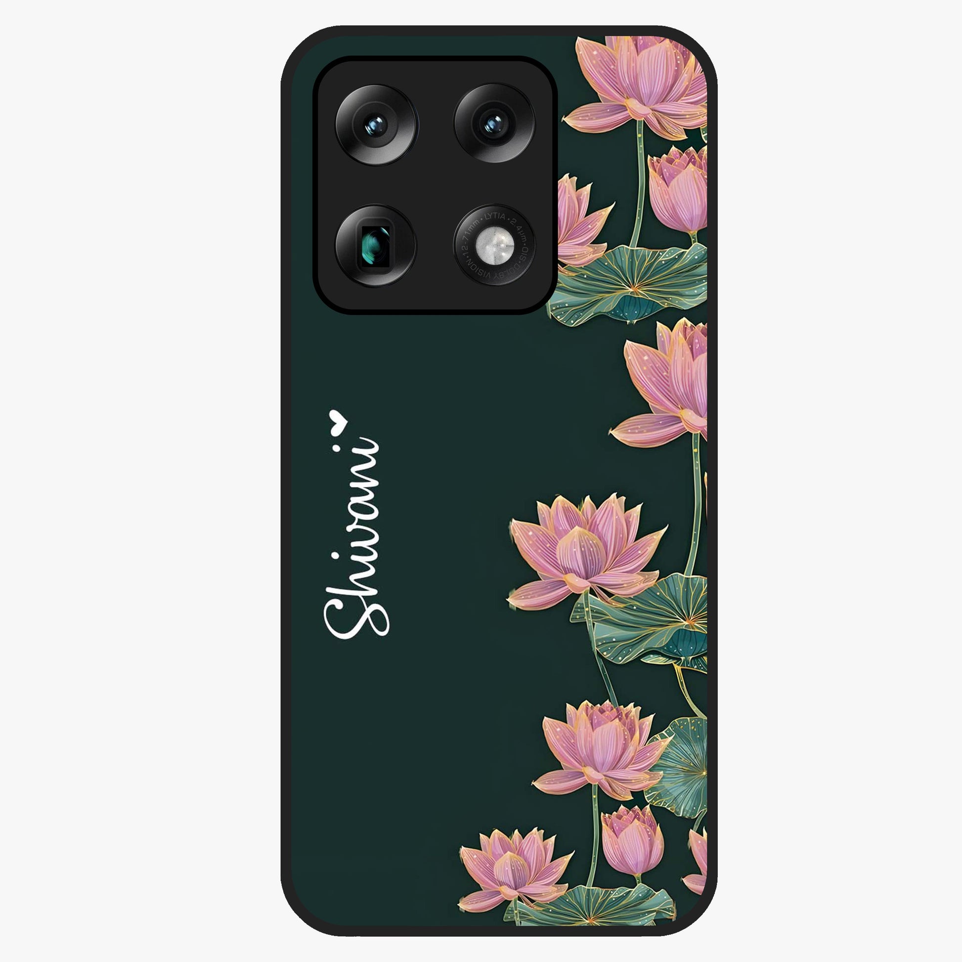 Lotus Bloom Serenity Custom Name Glass Case showing flat back view with elegant lotus flower artwork and personalized name design.