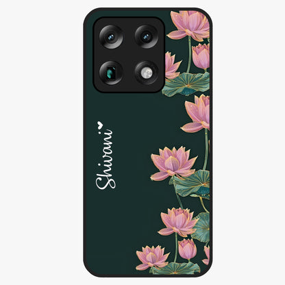 Lotus Bloom Serenity Custom Name Glass Case showing flat back view with elegant lotus flower artwork and personalized name design.