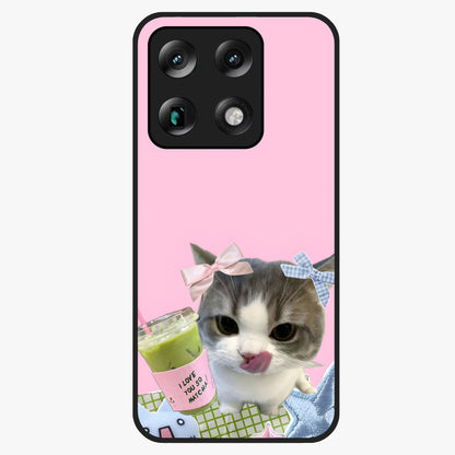 Love Matcha Cat Glass Case showing flat back view with cute cat and matcha themed artwork and glossy glass finish.