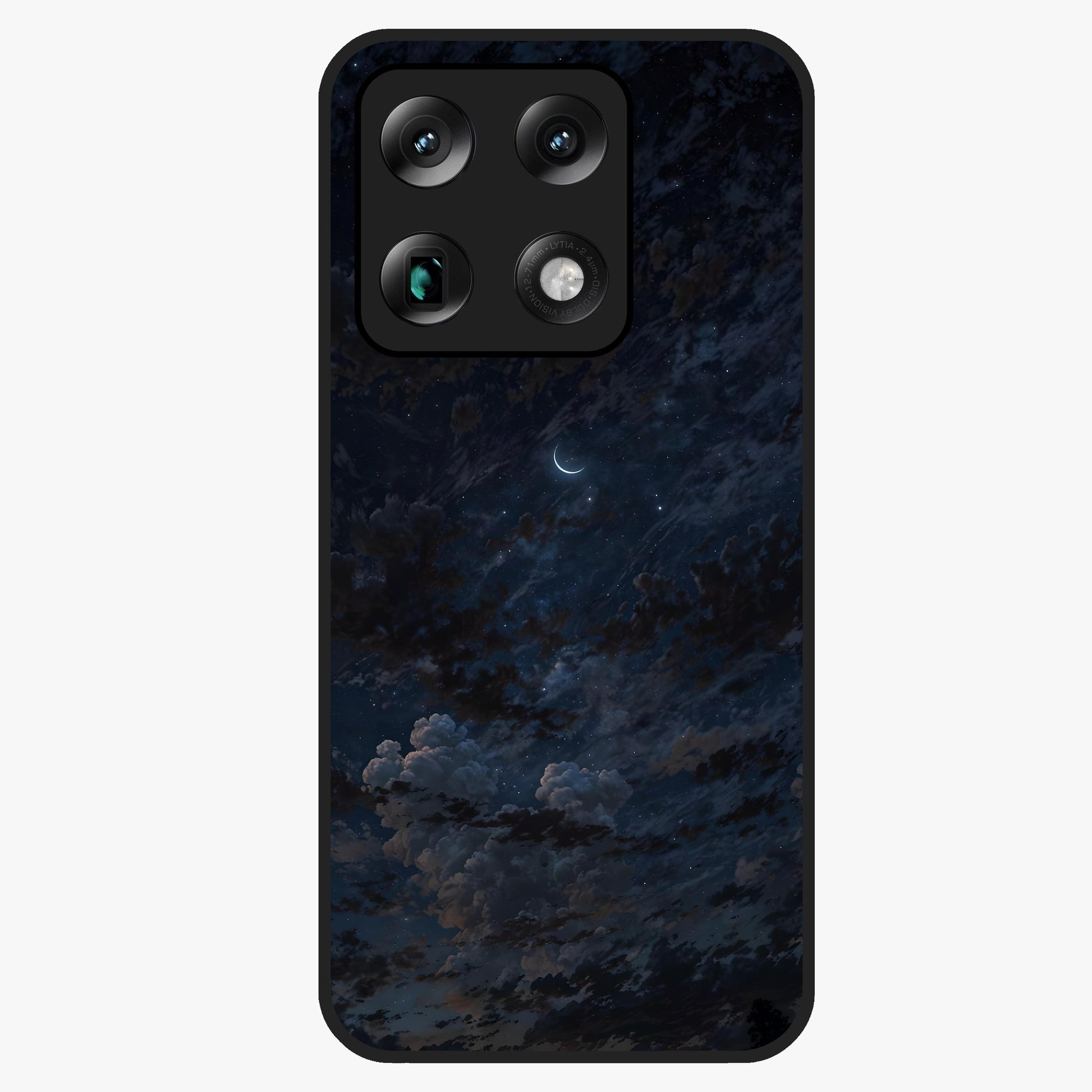 Lunar Veil Silence Glass Case showing flat back view with mystical moon veil artwork and glossy glass finish.