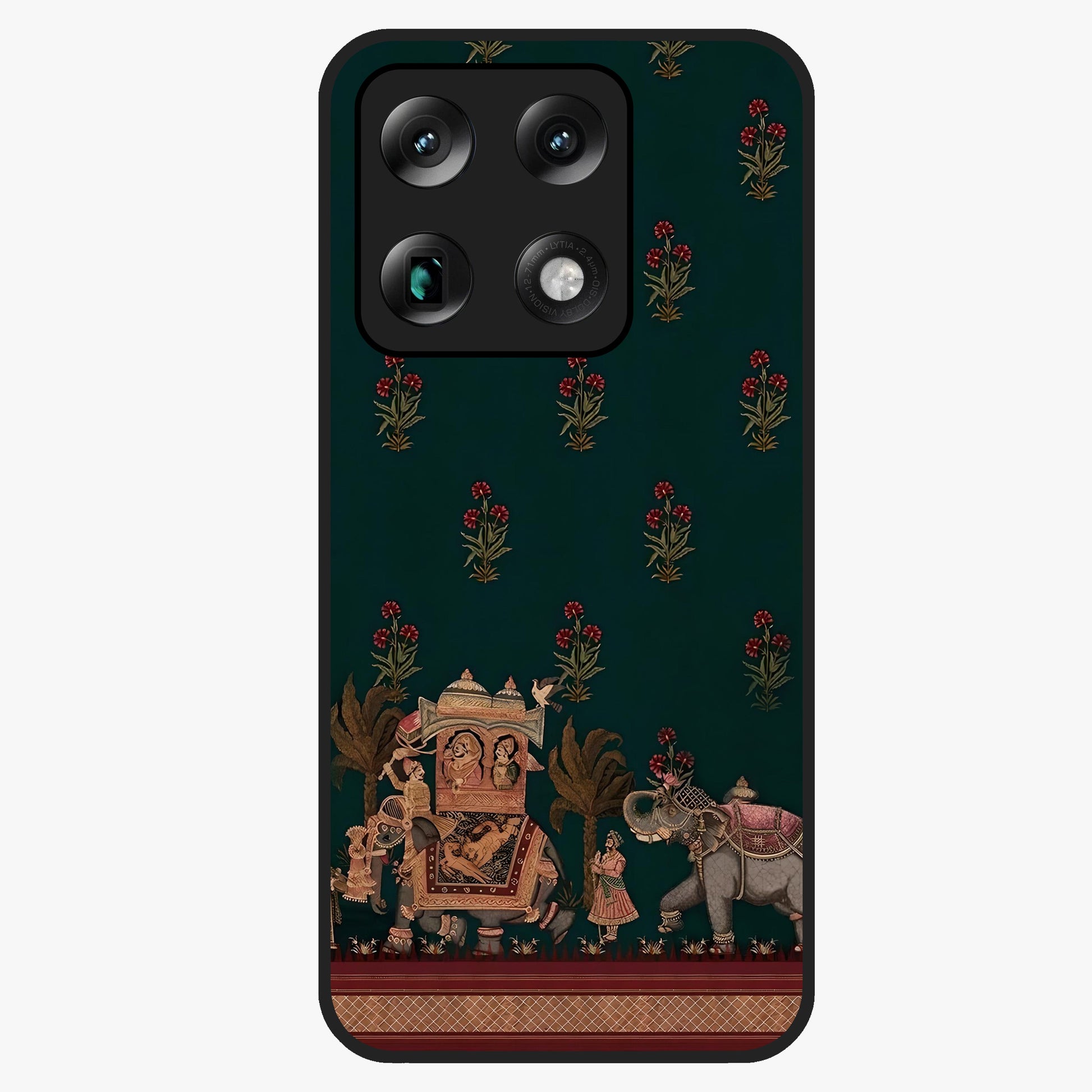 Macmerise Glass Case showing flat back view with stylish modern artwork and glossy glass finish.