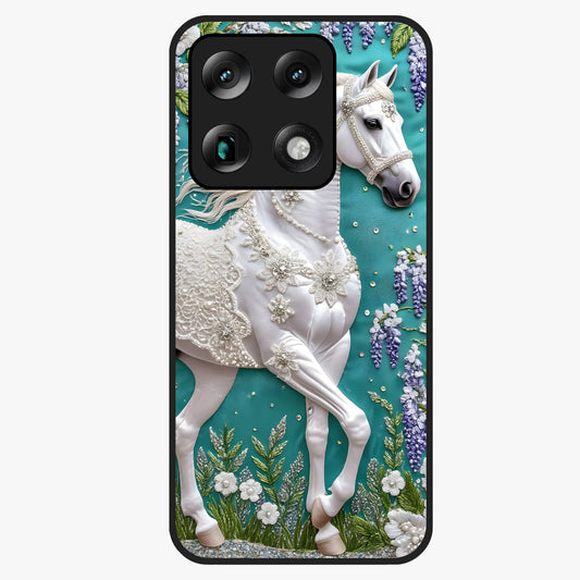 Majestic Floral Stallion Glass Case showing flat back view with powerful horse and floral artwork and glossy glass finish.