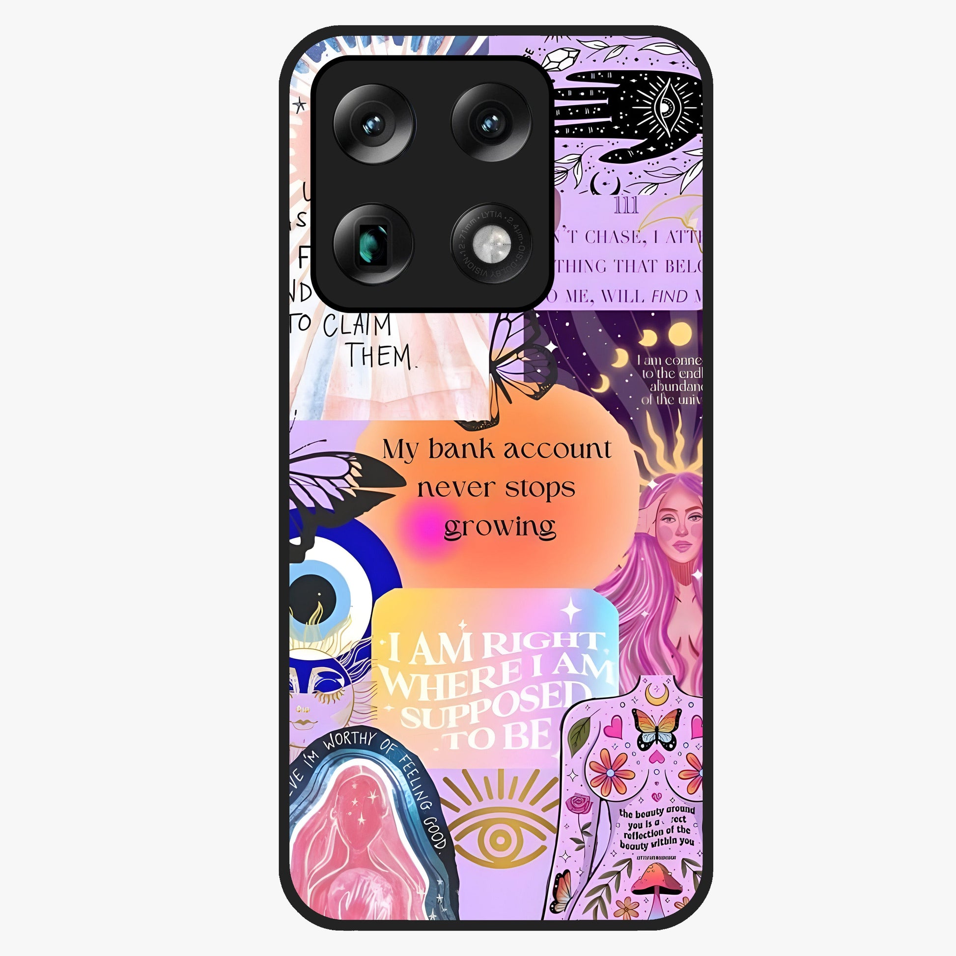 Manifestation Collage Glass Case showing flat back view with motivational collage artwork and glossy glass finish.