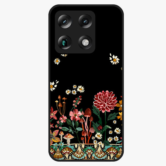Midnight Bloom Pattern Glass Case showing flat back view with dark floral pattern artwork and glossy glass finish.
