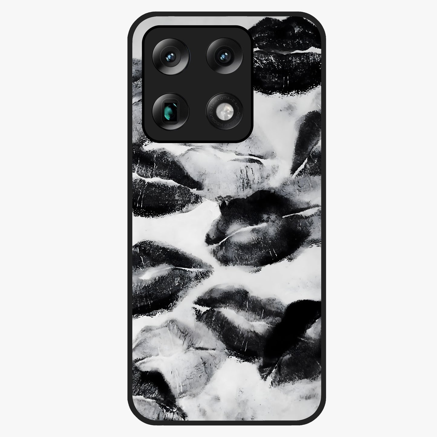 Midnight Kiss Marks Glass Case showing flat back view with lipstick kiss mark artwork and glossy glass finish.