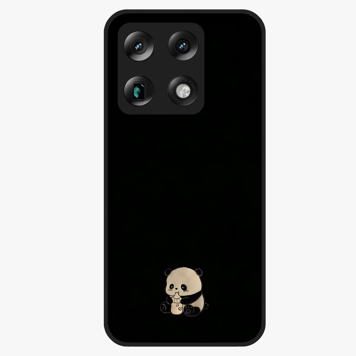 Midnight Panda Love Glass Case showing flat back view with cute panda themed artwork and glossy glass finish.