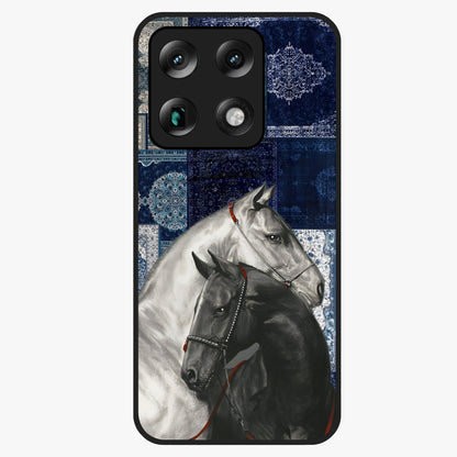 Midnight Stallion Blues Glass Case showing flat back view with majestic horse artwork and glossy glass finish.