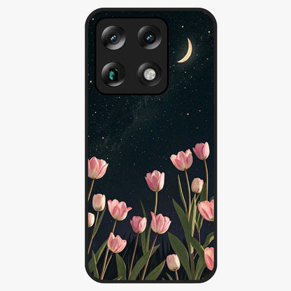 Midnight Tulip Whispers Vibe Glass Case showing flat back view with elegant tulip flower artwork and glossy glass finish.