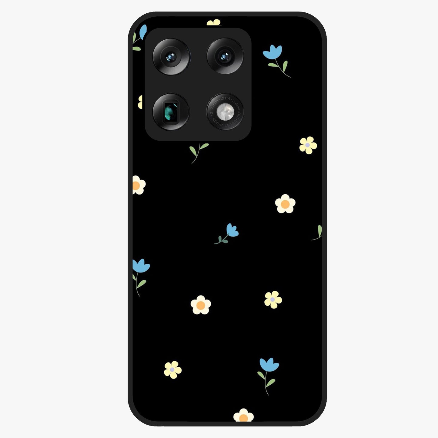 Minimalistic Blue With White Flower Pattern Glass Case showing flat back view with blue background and white flower pattern and glossy glass finish.