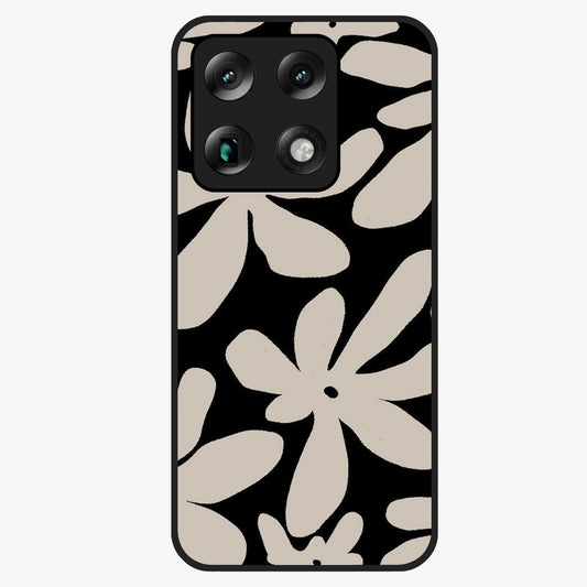 Monochrome Petal Dance Glass Case showing flat back view with monochrome floral artwork and glossy glass finish.