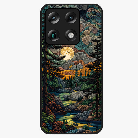 Moonlight Forest Dream Glass Case showing flat back view with mystical forest moonlight artwork and glossy glass finish.