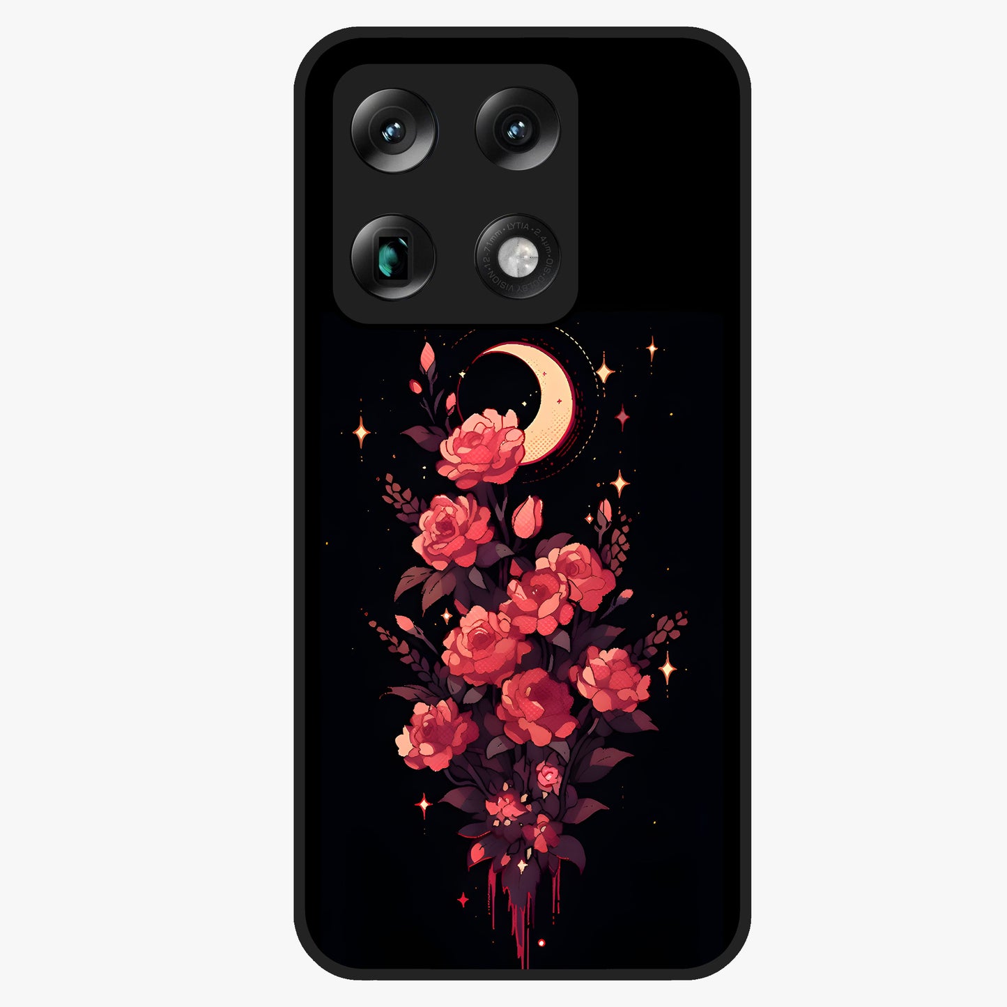 Moonlit Floral Elegance Glass Case showing flat back view with elegant floral artwork under moonlit tones and glossy glass finish.