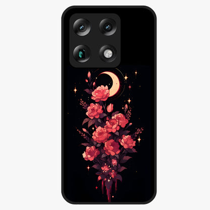 Moonlit Floral Elegance Glass Case showing flat back view with elegant floral artwork under moonlit tones and glossy glass finish.
