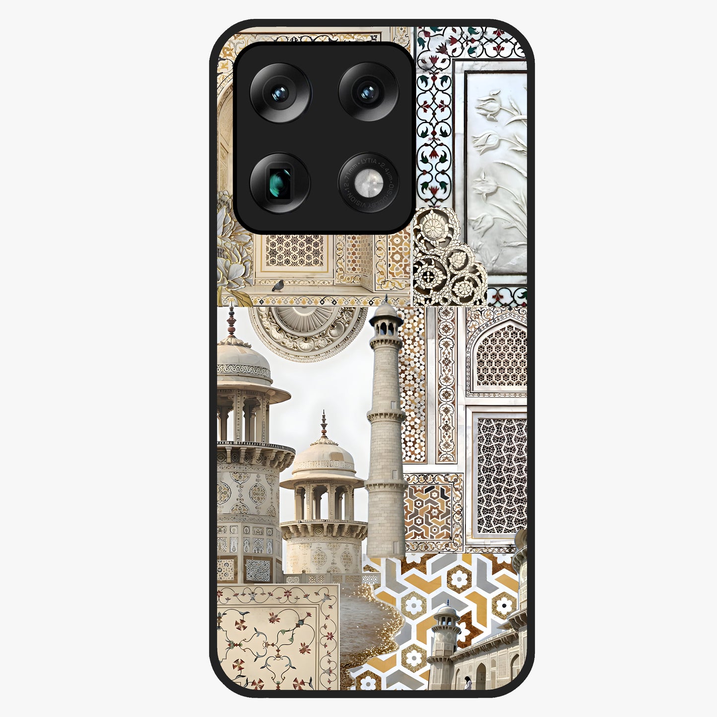 Mughal Marble Legacy Glass Case showing flat back view with intricate Mughal inspired marble pattern and glossy glass finish.