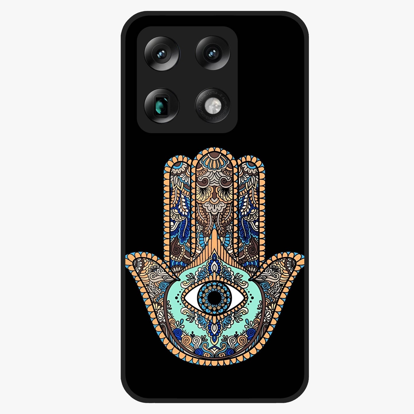Mystic Hamsa Eye Glass Case showing flat back view with protective hamsa hand and evil eye artwork and glossy glass finish.