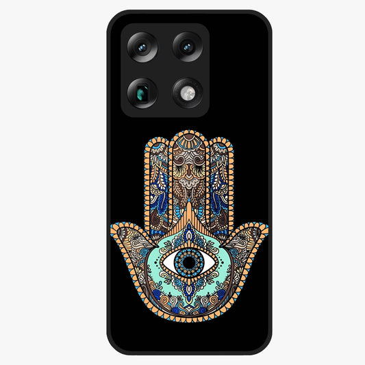 Mystic Hamsa Eye Glass Case showing flat back view with protective hamsa hand and evil eye artwork and glossy glass finish.