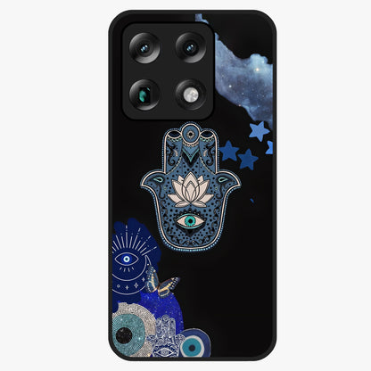 Mystic Hand Aura Glass Case showing flat back view with mystical hand symbol artwork and glossy glass finish.