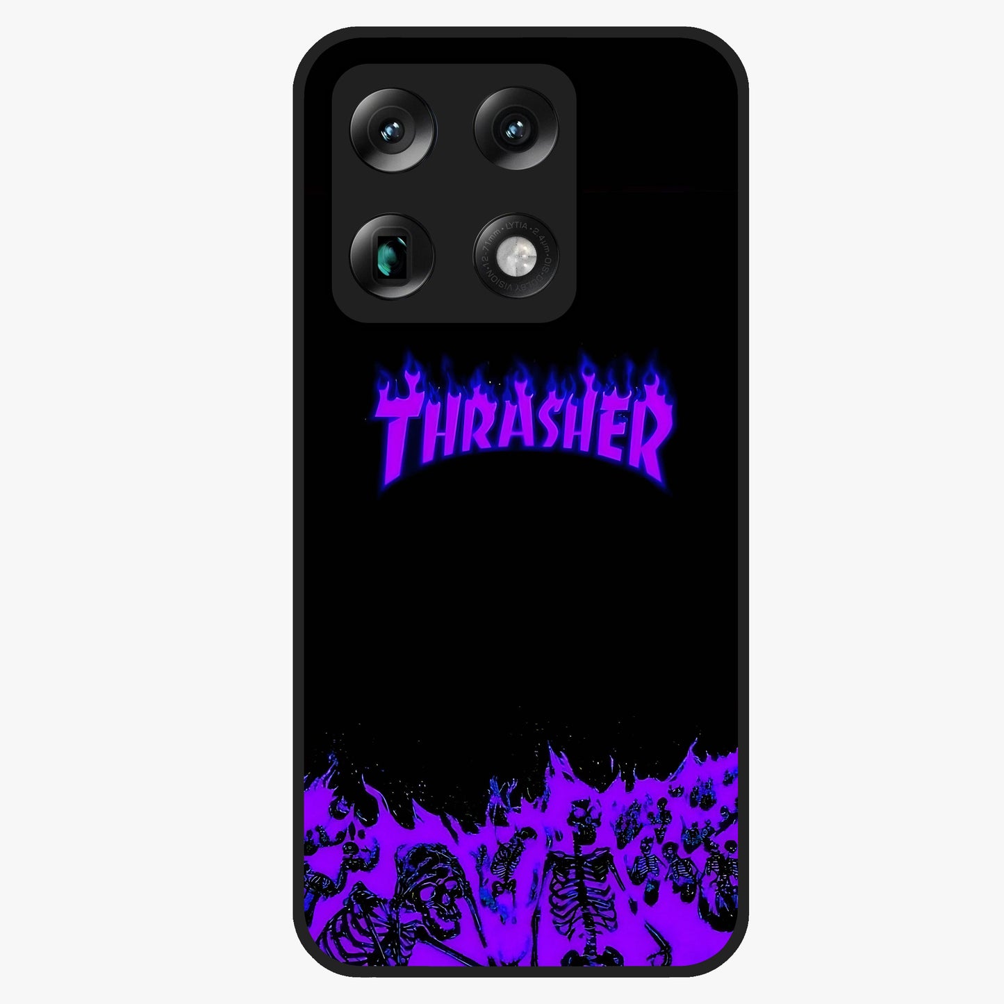 Neon Flame Riot Glass Case showing flat back view with neon flame artwork and glossy glass finish.