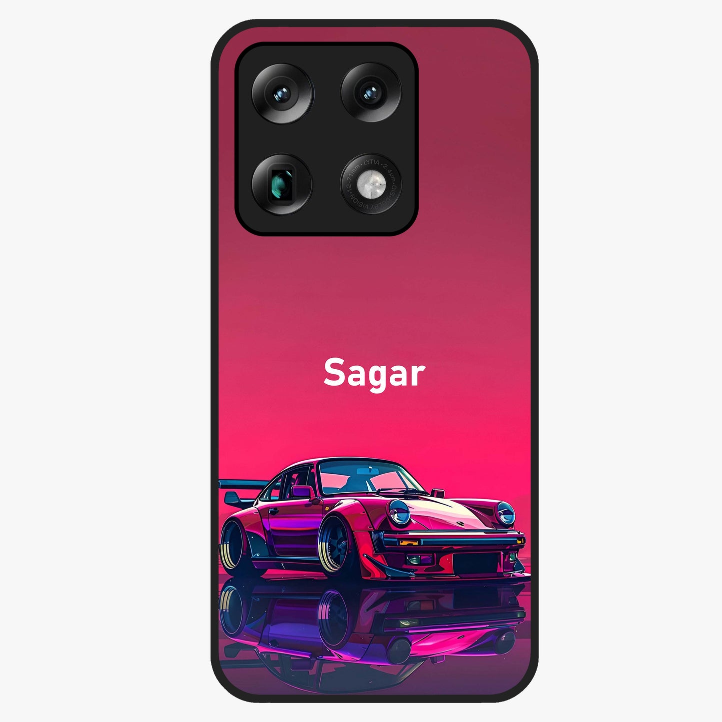 Neon Pink Porsche Glass Case showing flat back view with stylish sports car artwork and glossy glass finish.