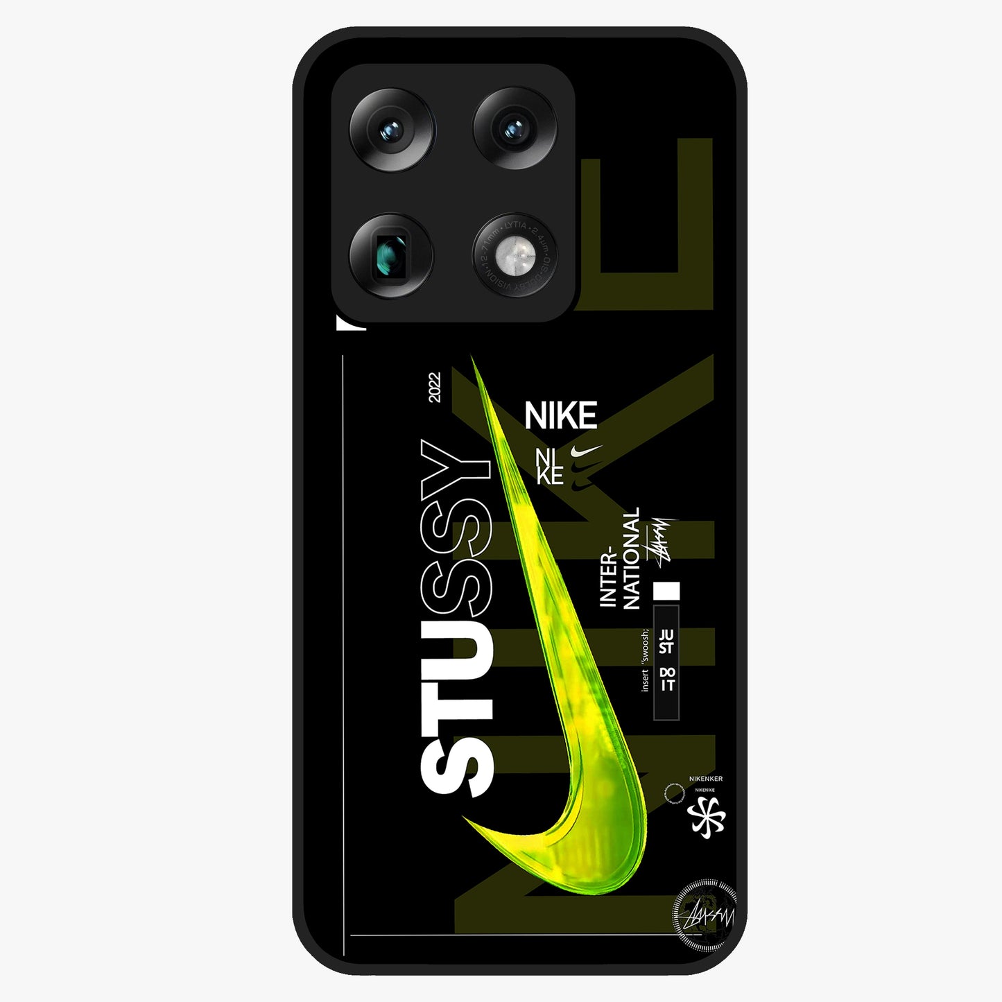 Neon Street Edition Glass Case showing flat back view with neon street style artwork and glossy glass finish.