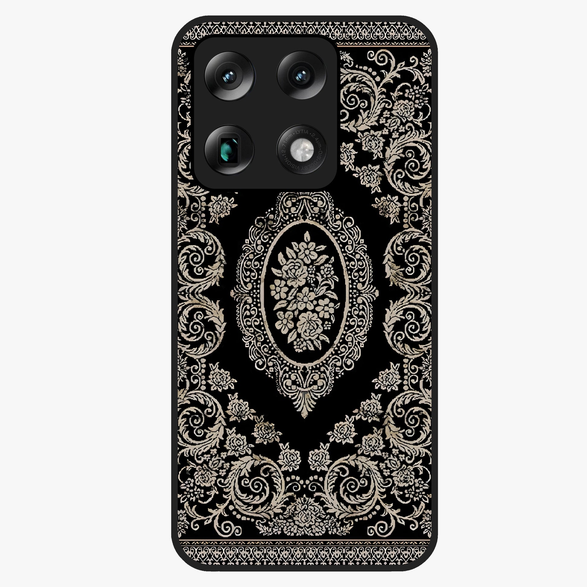 Noir Bloom Elegance Glass Case showing flat back view with elegant dark floral artwork and glossy glass finish.