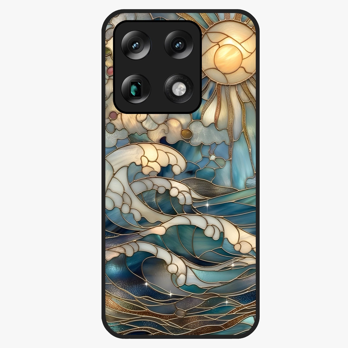 Oceanic Stained Printed Glass Case showing flat back view with ocean inspired stained pattern artwork and glossy glass finish.