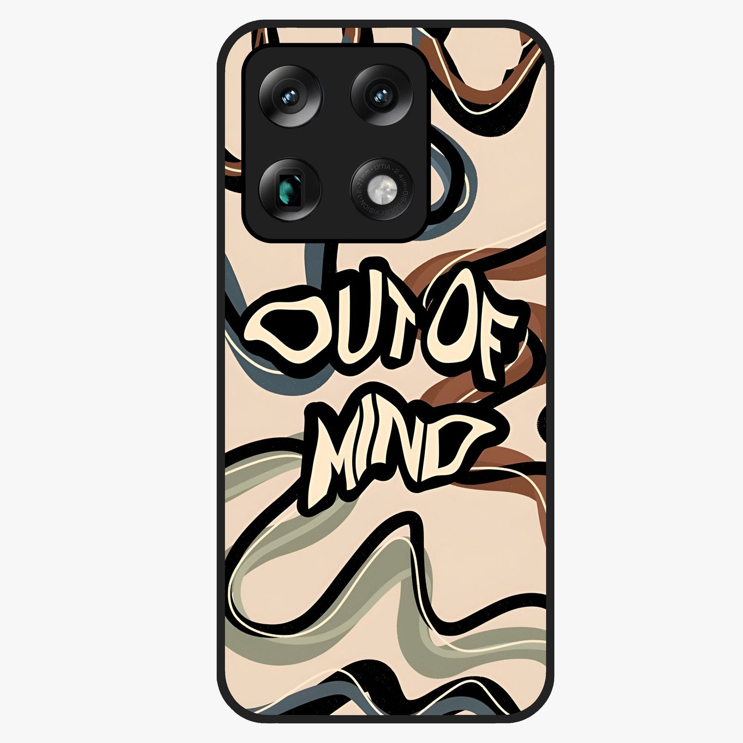 Out Of Mind Glass Case showing flat back view with expressive typography artwork and glossy glass finish.
