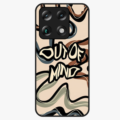 Out Of Mind Glass Case showing flat back view with expressive typography artwork and glossy glass finish.