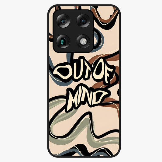 Out Of Mind Glass Case showing flat back view with expressive typography artwork and glossy glass finish.
