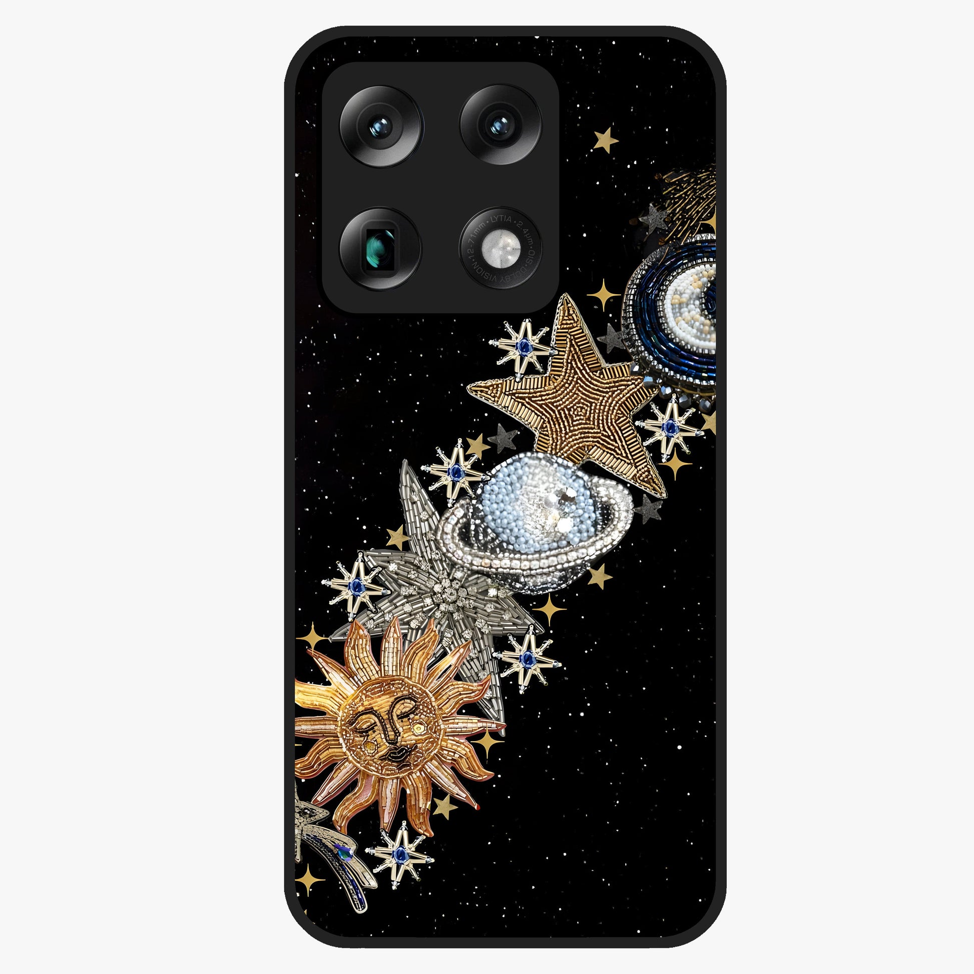 Pearls Universe Object Glass Case showing flat back view with pearl inspired cosmic artwork and glossy glass finish.