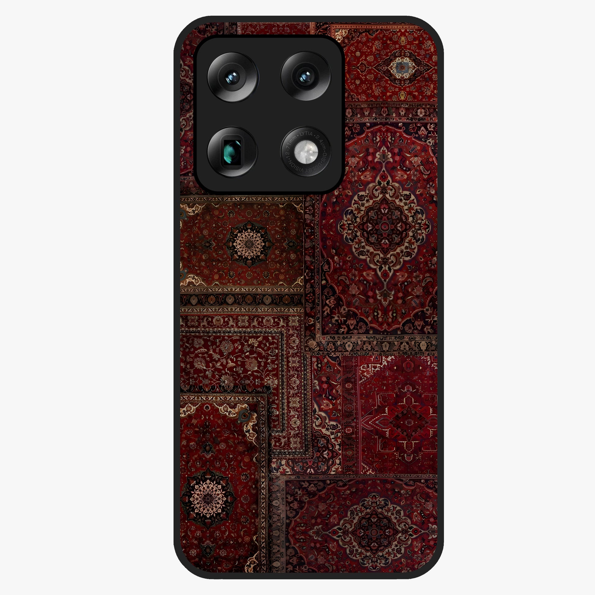 Persian Velvet Tale Glass Case showing flat back view with luxurious Persian velvet pattern artwork and glossy glass finish.