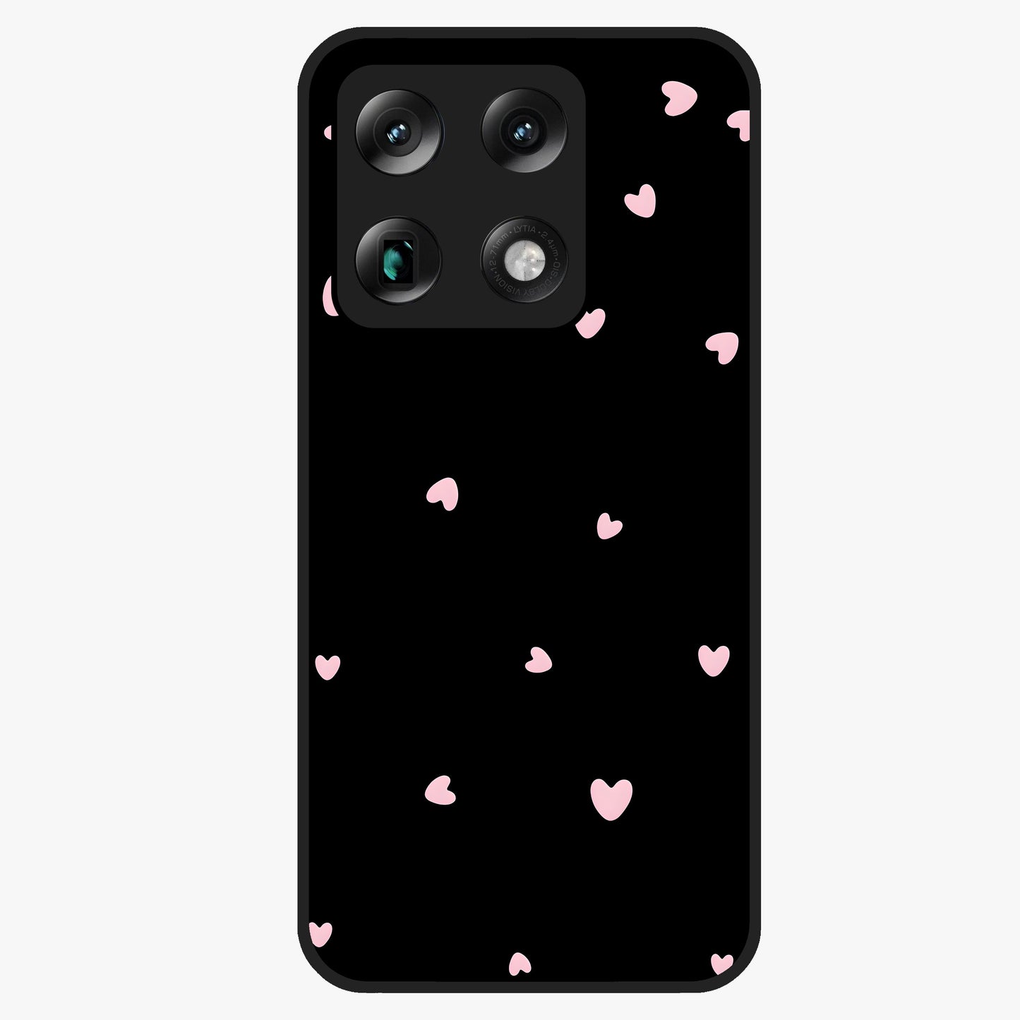 Pink Love Drops Glass Case showing flat back view with playful pink heart drops artwork and glossy glass finish.