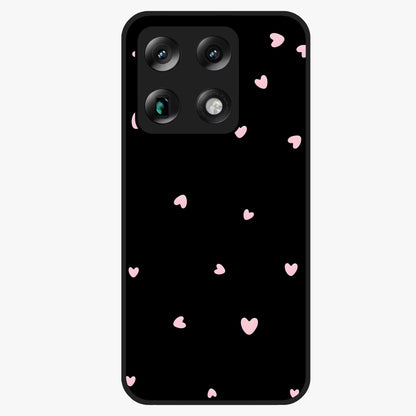 Pink Love Drops Glass Case showing flat back view with playful pink heart drops artwork and glossy glass finish.