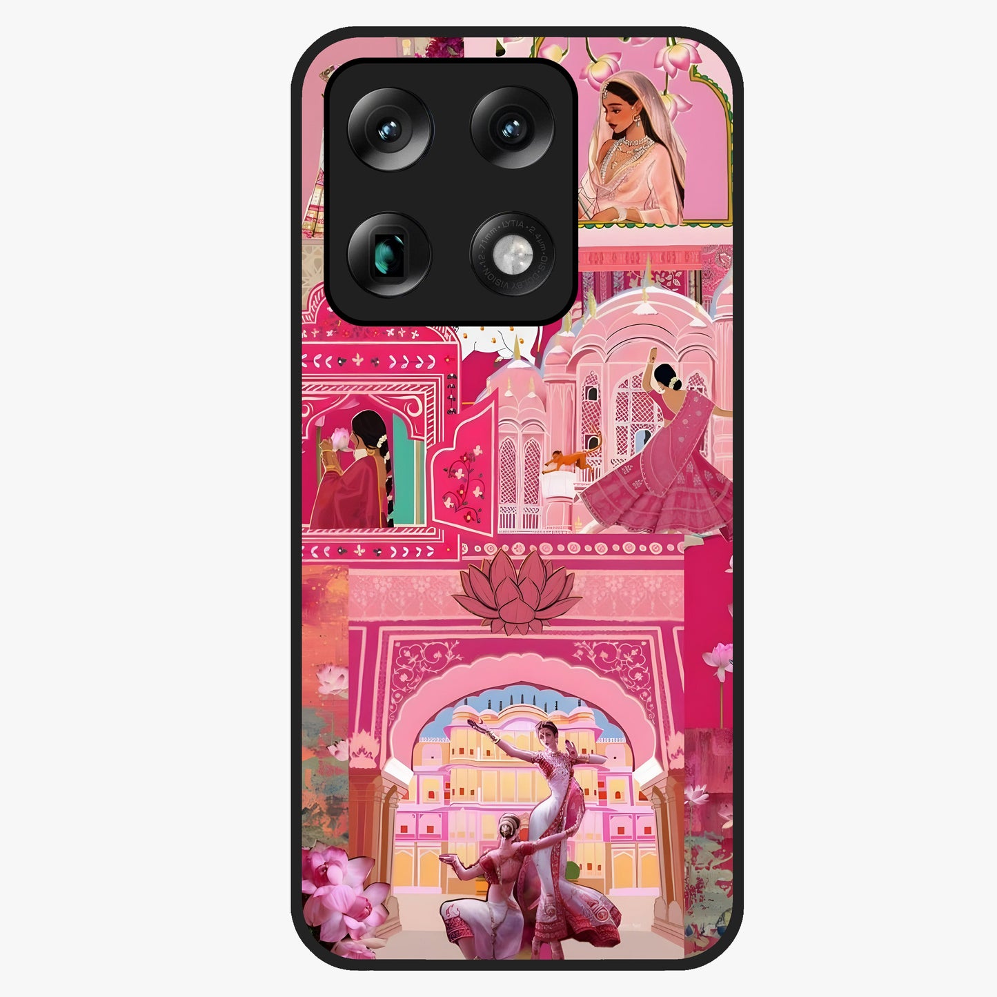 Pink Palace Muse Glass Case showing flat back view with elegant palace inspired artwork and glossy glass finish.