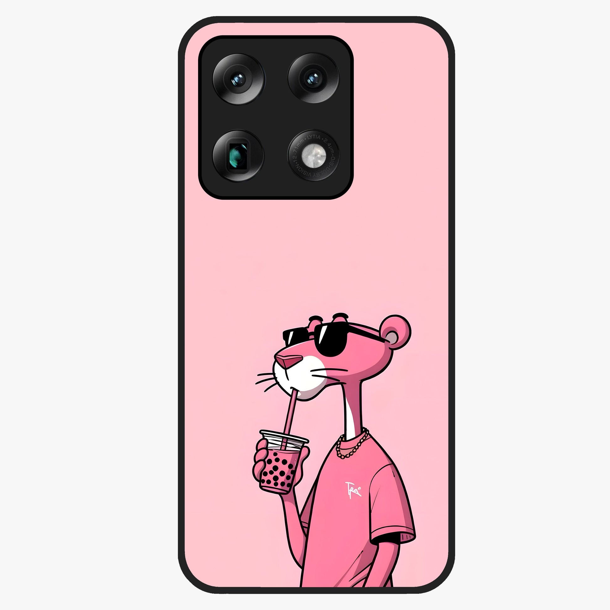 Pink Panther Glass Case showing flat back view with iconic pink panther artwork and glossy glass finish.
