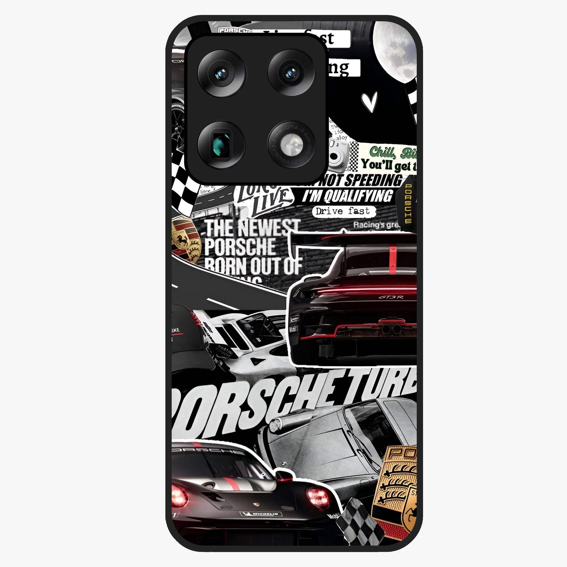 Porsche Racing Collage Glass Case showing flat back view with sports car racing collage artwork and glossy glass finish.