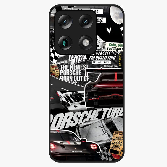 Porsche Racing Collage Glass Case showing flat back view with sports car racing collage artwork and glossy glass finish.
