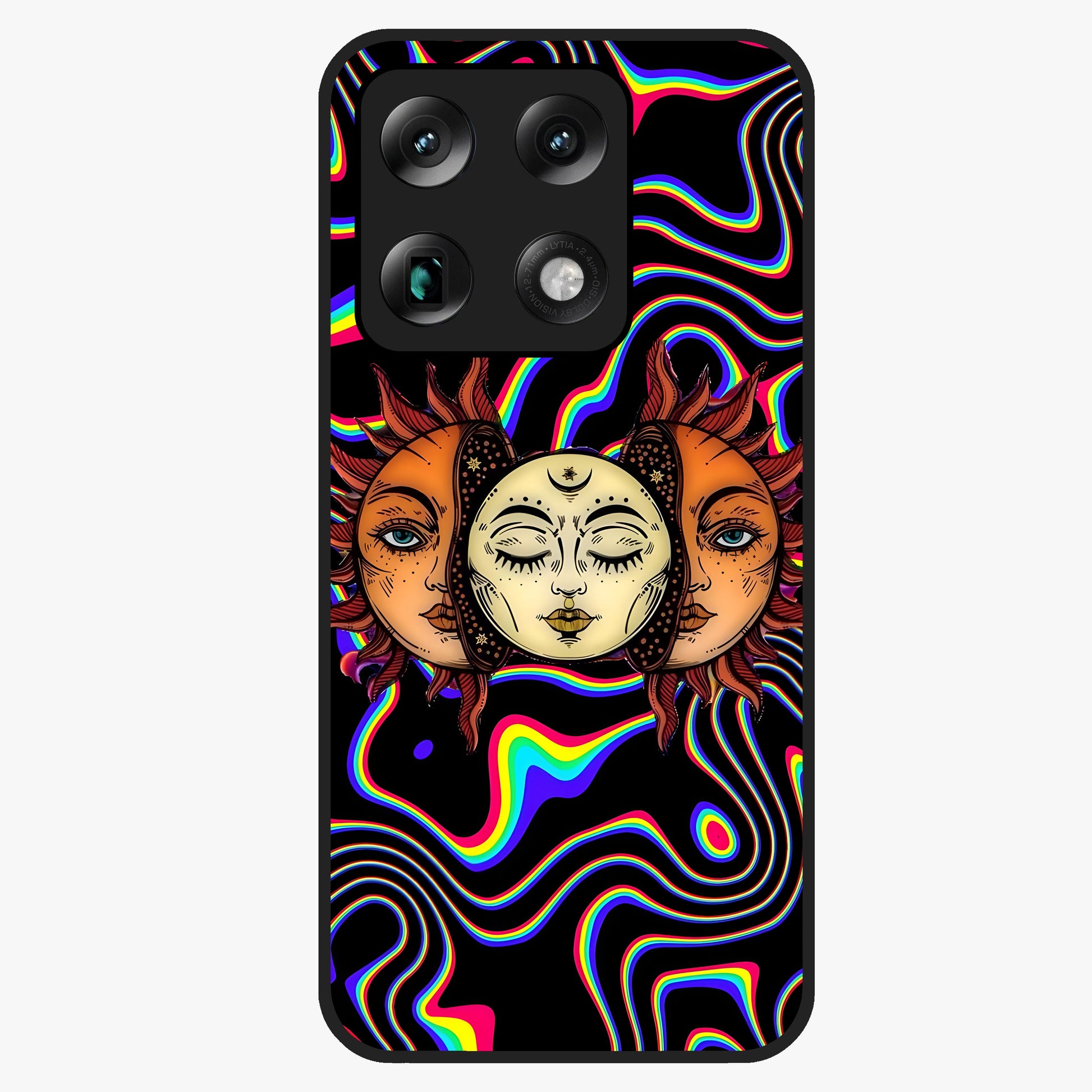 Psychedelic Sun Glass Case showing flat back view with colorful psychedelic sun artwork and glossy glass finish.